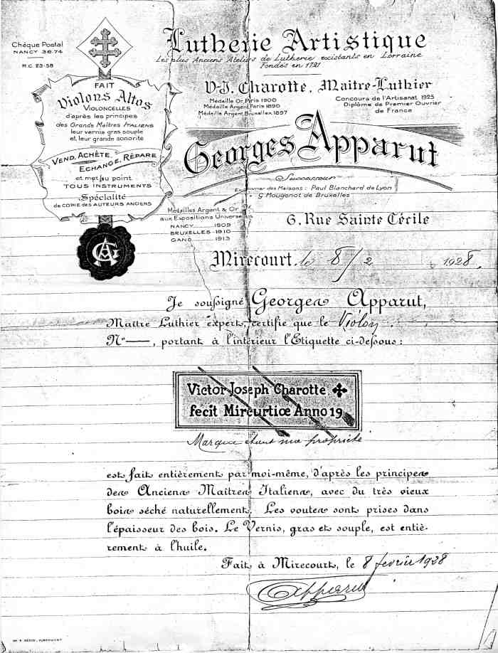 Certificat Georges Apparut à Mirecourt.