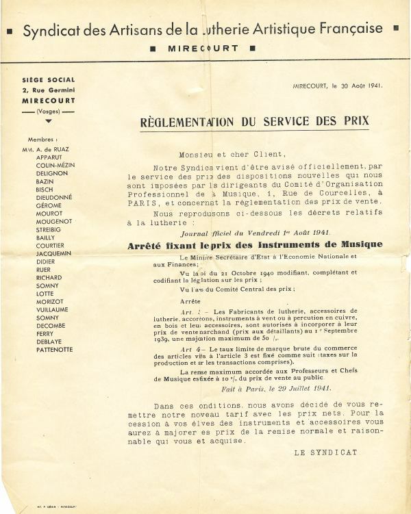 Réglementation du syndicat de la lutherie artistique, 1941.
