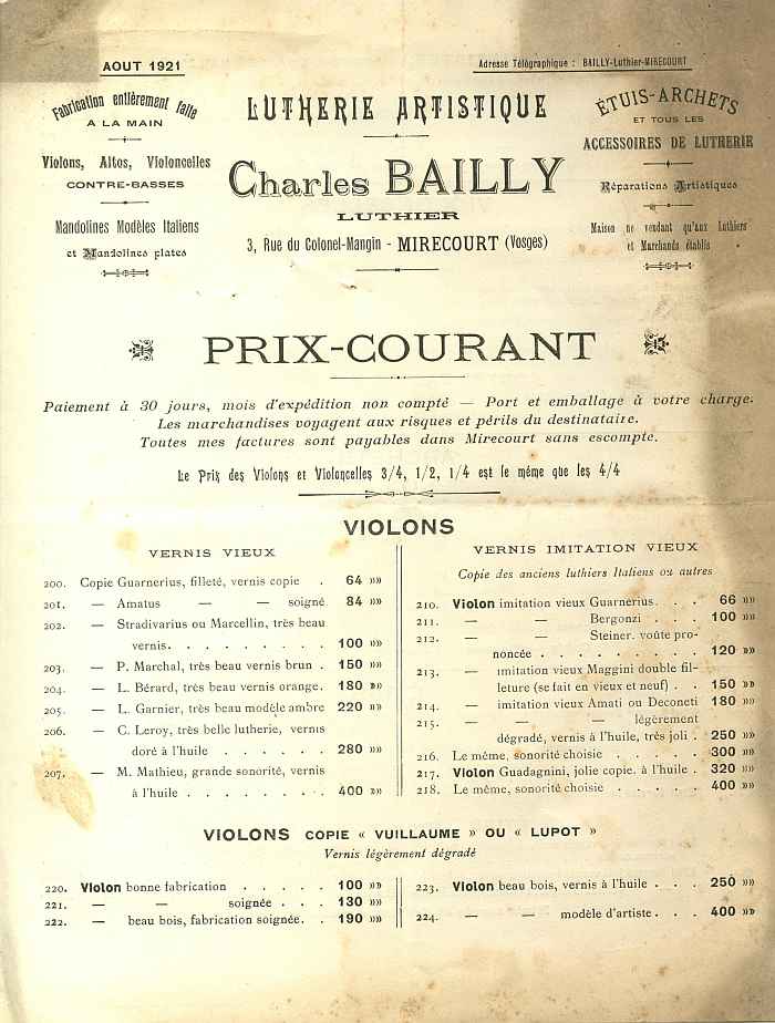 Catalogue Charles Bailly 1921.