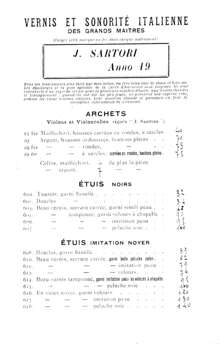 Catalogue 1927 du luthier Jules Sartori  Mattaincourt.