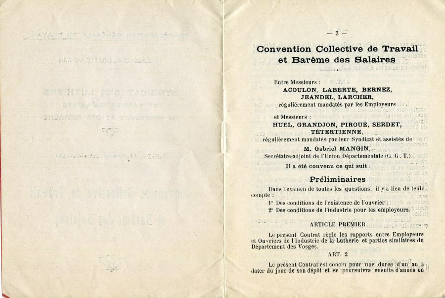 Convention collective du travail adoptée par le syndicat des luthiers de Mirecourt en 1936.