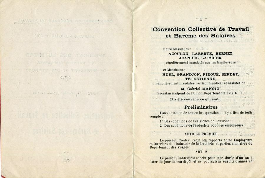 Convention collective du travail adopte par le syndicat des luthiers de Mirecourt en 1936.