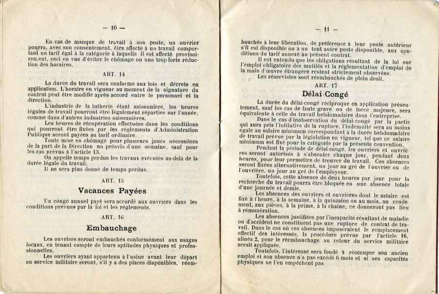 Convention collective du travail adopte par le syndicat des luthiers de Mirecourt en 1936.