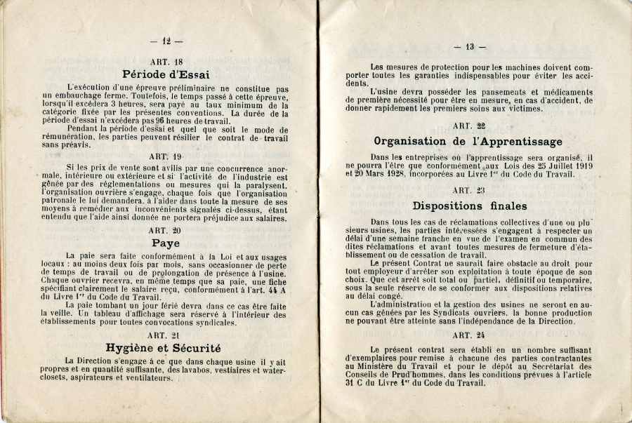 Convention collective du travail adopte par le syndicat des luthiers de Mirecourt en 1936.