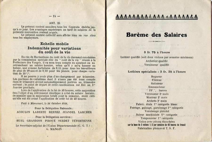 Convention collective du travail adopte par le syndicat des luthiers de Mirecourt en 1936.