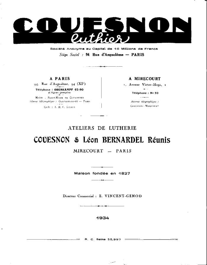 Catalogue Couesnon et Léon Bernardel réunis, 1934.