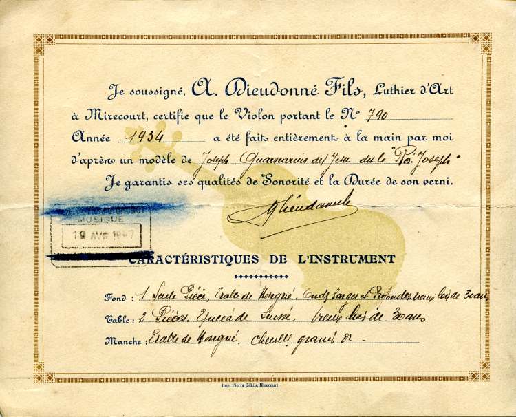 Certificat d'Amde Dieudonn.