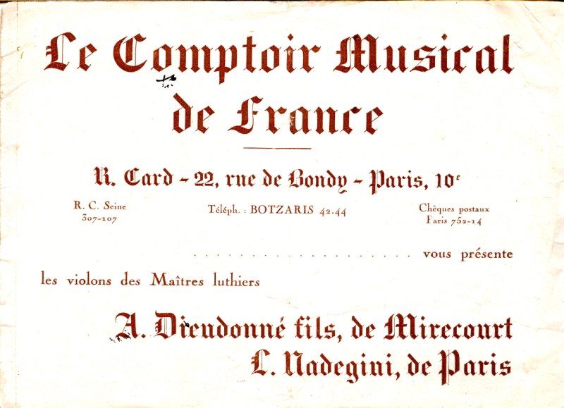 Catalogue publi par le comptoir muiscal de France prsentant les luthiers Nadgini et Dieudonn.