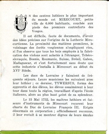 Fascicule d'exposition de lutherie et dentelle  Mirecourt en 1933.