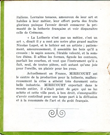 Fascicule d'exposition de lutherie et dentelle  Mirecourt en 1933.