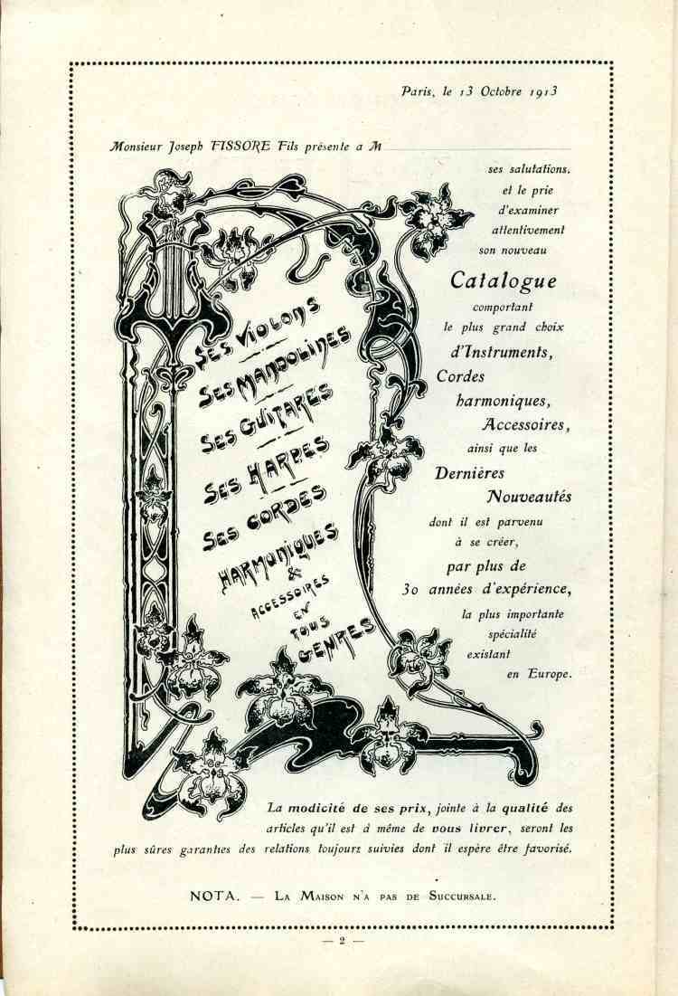 Catalogue Joseph Fissore de 1913.