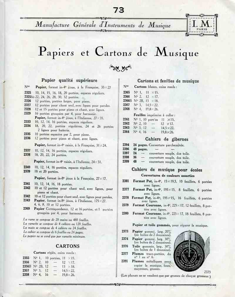 Catalogue I. M. Paris, Manufacture Gnrale d'Instruments de Musique.