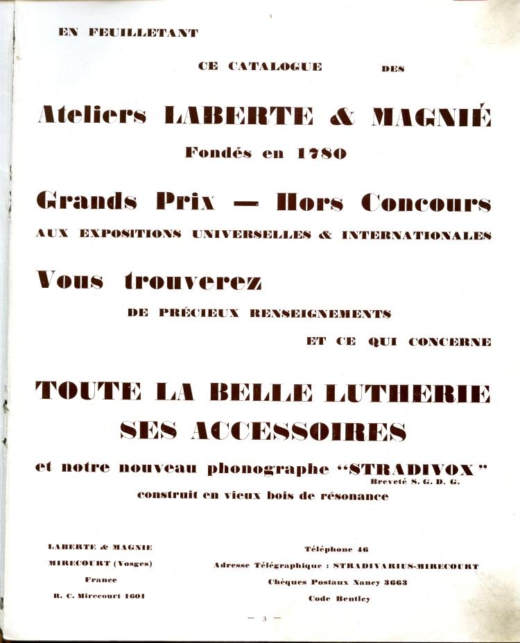 Catalogue de lutherie Laberte et Magni 1931.