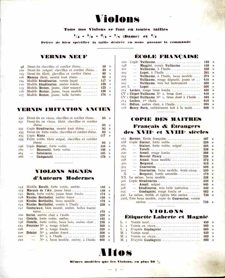 Catalogue de lutherie Laberte et Magni 1931.