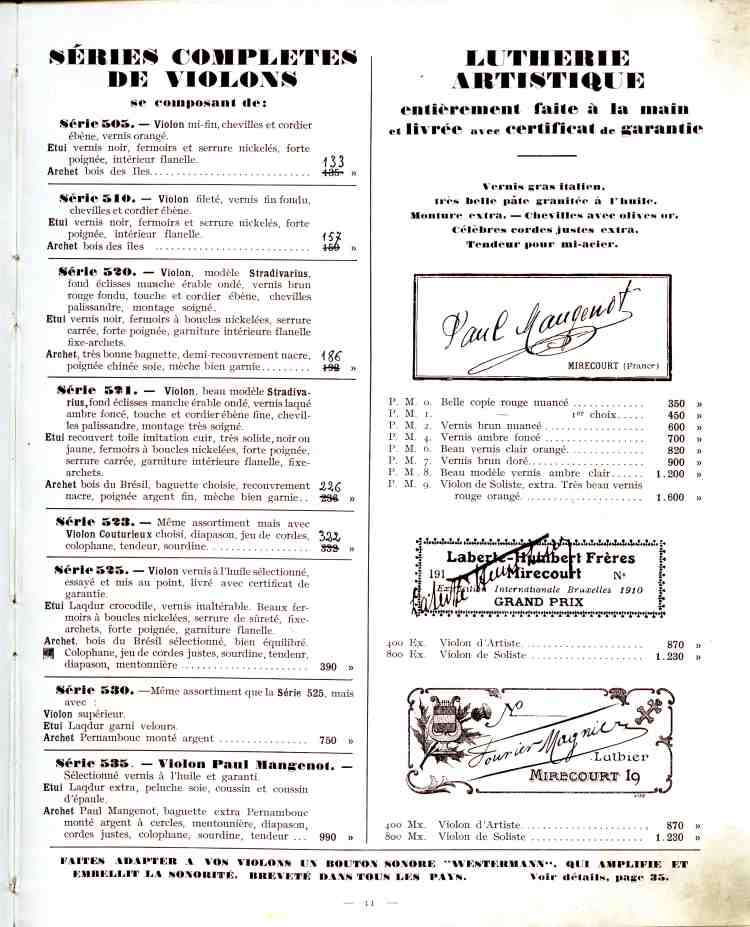 Catalogue de lutherie Laberte et Magni 1931.