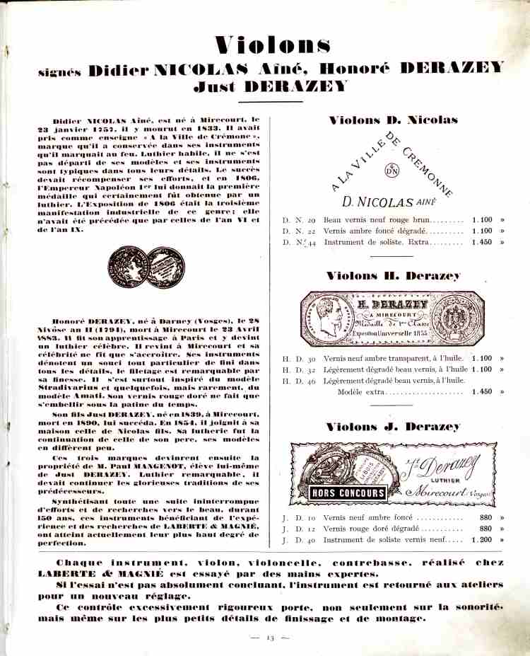 Catalogue de lutherie Laberte et Magni 1931.