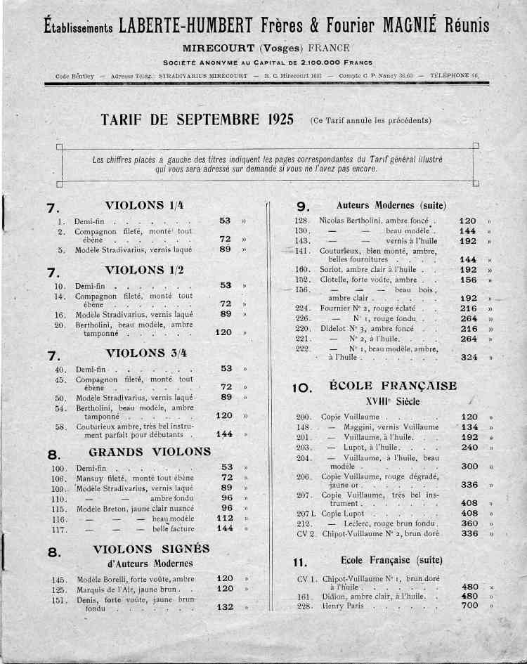 Catalogue de le maison de lutherie Laberte et Magni, tarif de1925.