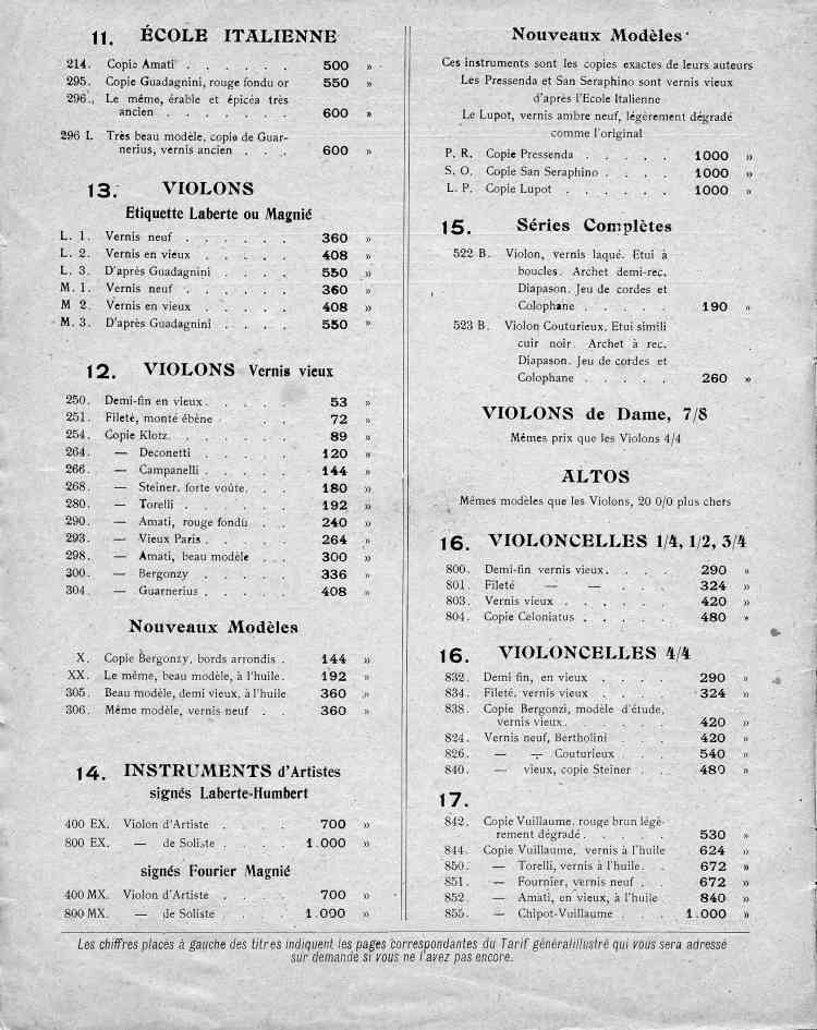 Catalogue de le maison de lutherie Laberte et Magni, tarif de1925.