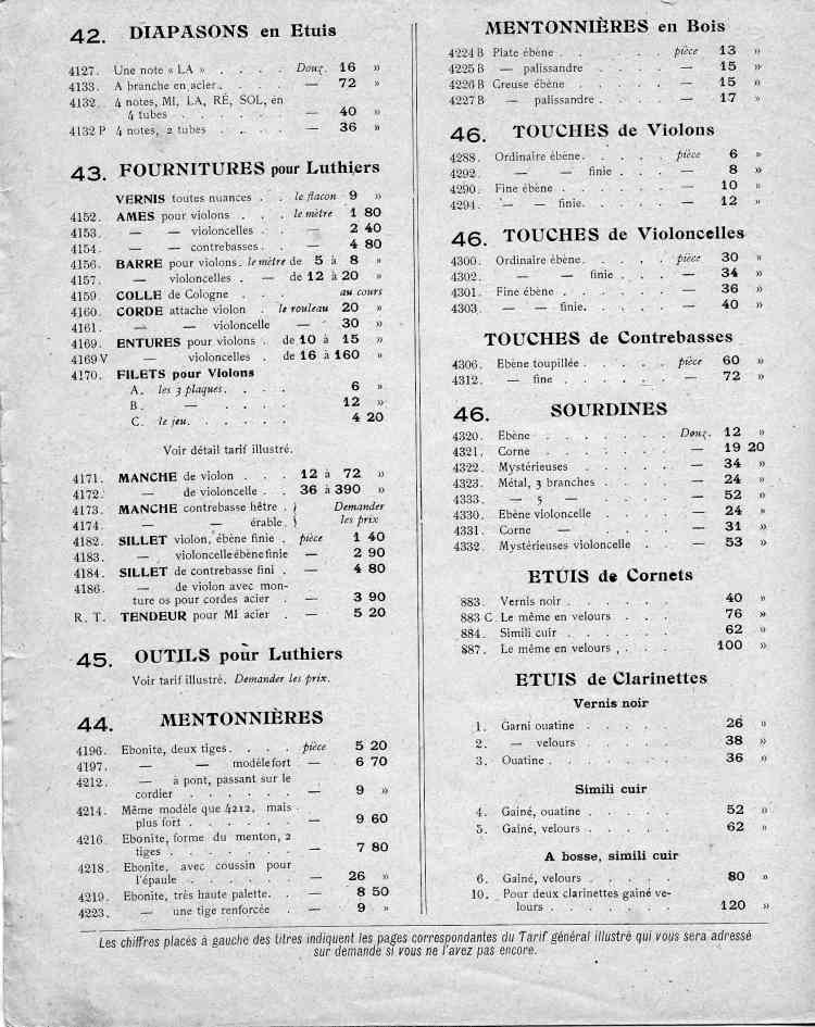 Catalogue de le maison de lutherie Laberte et Magni, tarif de1925.