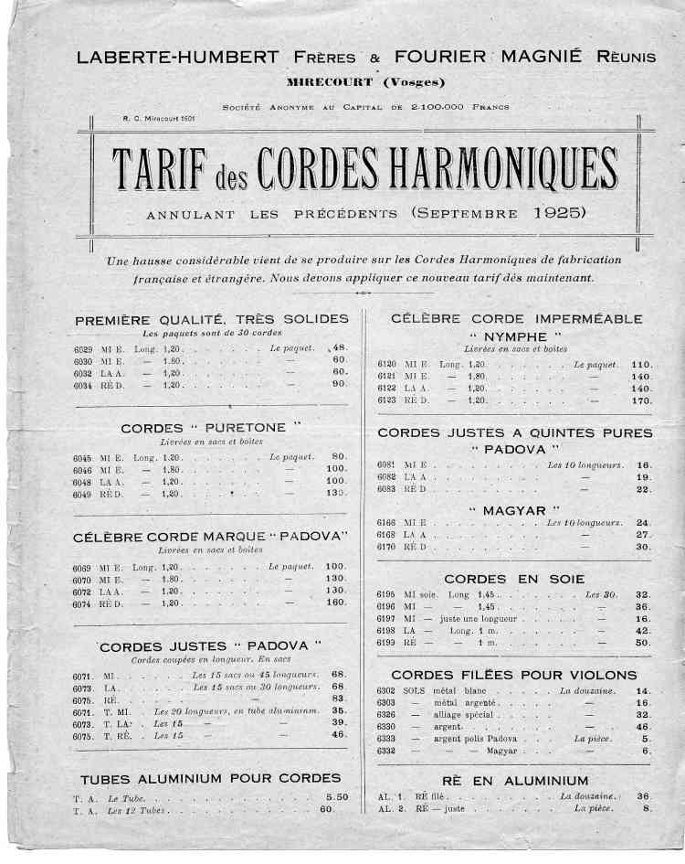 Catalogue de le maison de lutherie Laberte et Magni, tarif de1925.