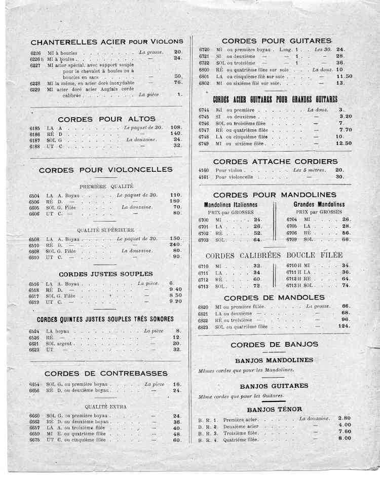 Catalogue de le maison de lutherie Laberte et Magni, tarif de1925.