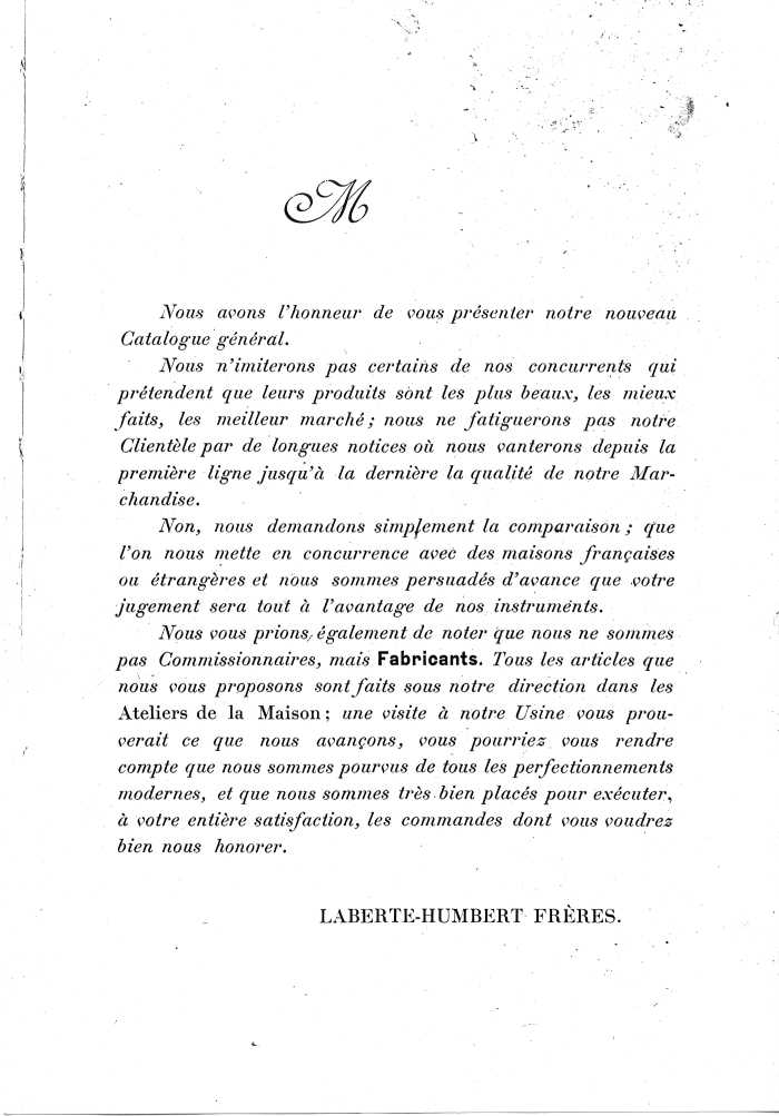 Catalogue de lutherie. Laberte  Mirecourt. 1905.