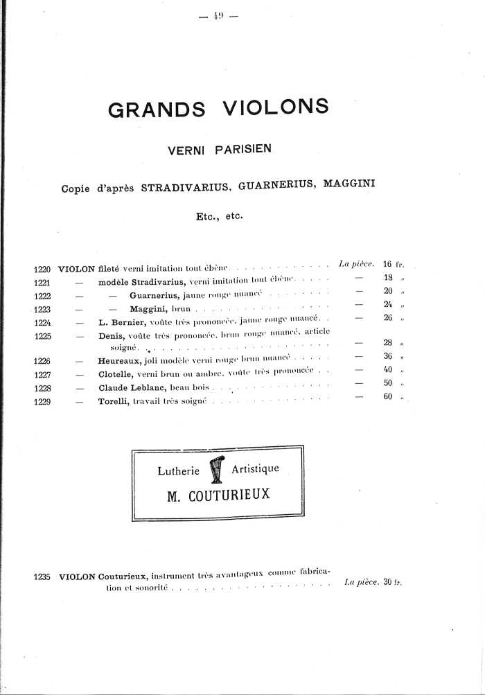 Catalogue de lutherie. Laberte  Mirecourt. 1905.