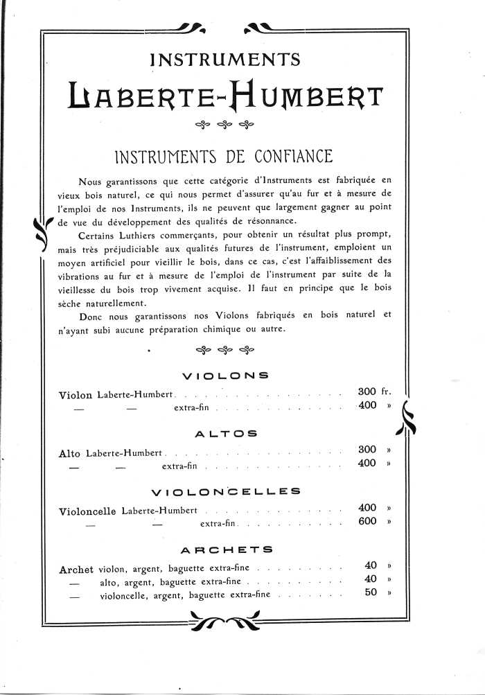 Catalogue de lutherie. Laberte  Mirecourt. 1905.