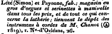 Extrait de l'annuaire du commerce de 1822.