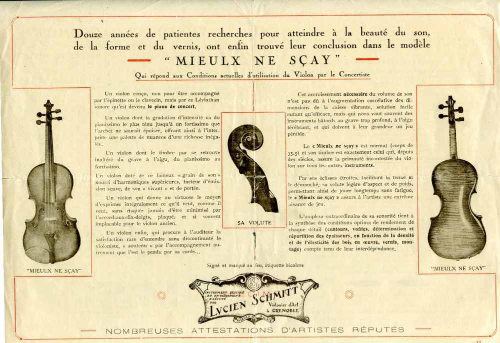 Publicité pour les violons "Mieulx ne scay" de Lucien Schmitt.
