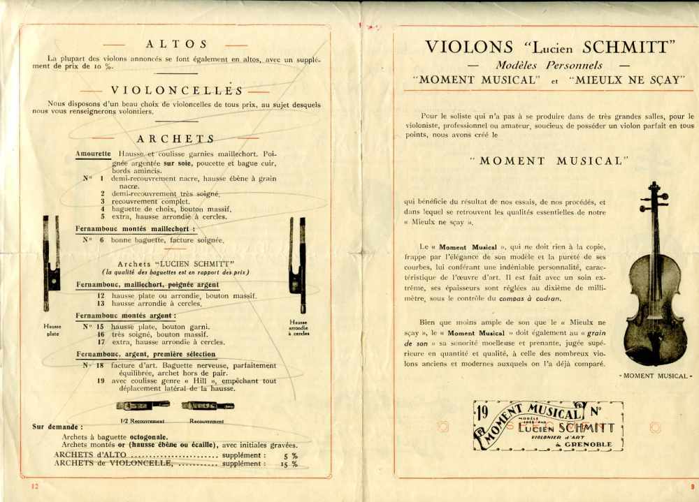 Publicité pour les violons "Mieulx ne scay" de Lucien Schmitt.