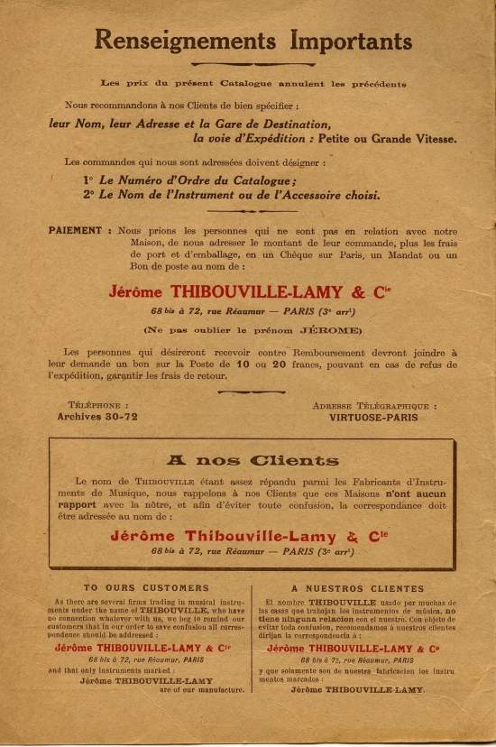 Catalogue 1919 de la maison de lutherie Jérôme Thibouville-Lamy à Mirecourt.