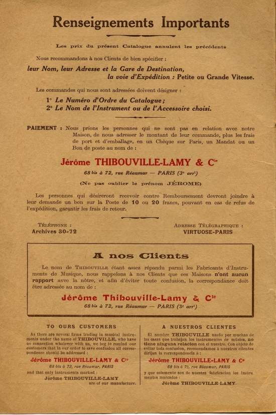 Catalogue 1919 de la maison de lutherie Jrme Thibouville-Lamy  Mirecourt.