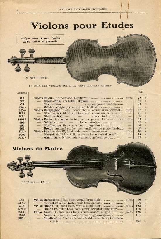 Catalogue 1919 de la maison de lutherie Jrme Thibouville-Lamy  Mirecourt.