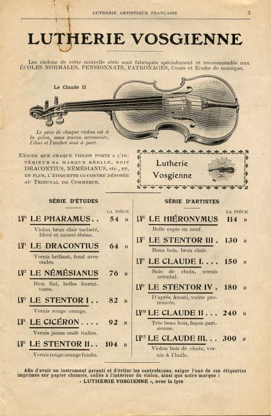 Catalogue 1919 de la maison de lutherie Jrme Thibouville-Lamy  Mirecourt.