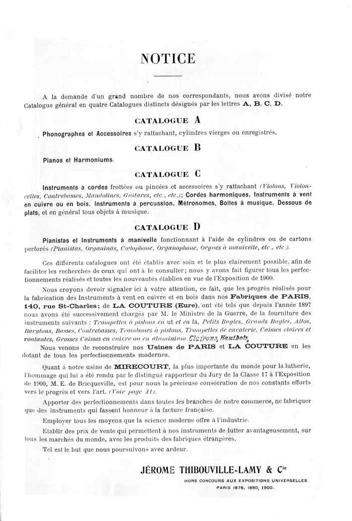 Catalogue 1901 de la maison de lutherie Jrme Thibouville-Lamy  Mirecourt.