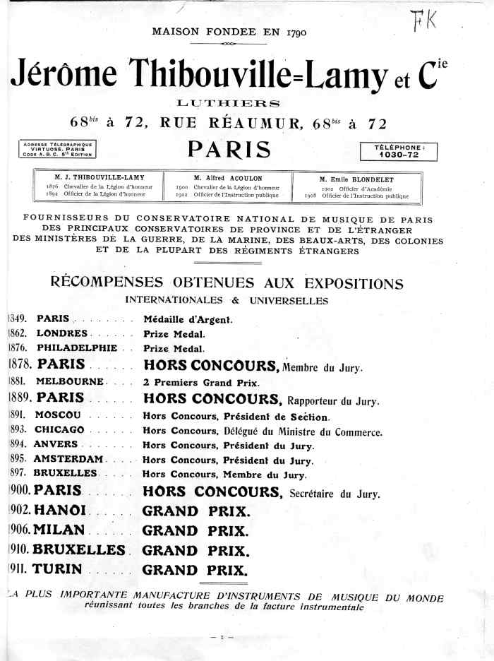 Catalogue 1912 de la maison de lutherie Jrme Thibouville-Lamy  Mirecourt.