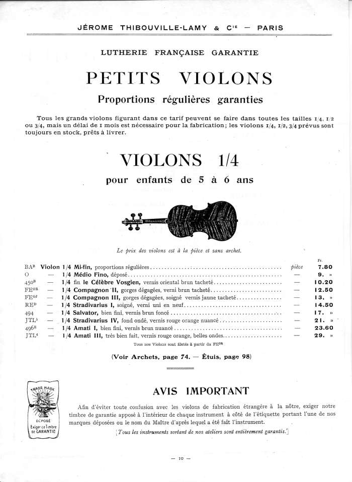 Catalogue 1912 de la maison de lutherie Jrme Thibouville-Lamy  Mirecourt.