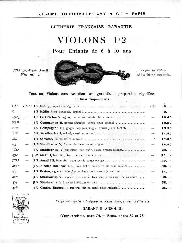 Catalogue 1912 de la maison de lutherie Jrme Thibouville-Lamy  Mirecourt.