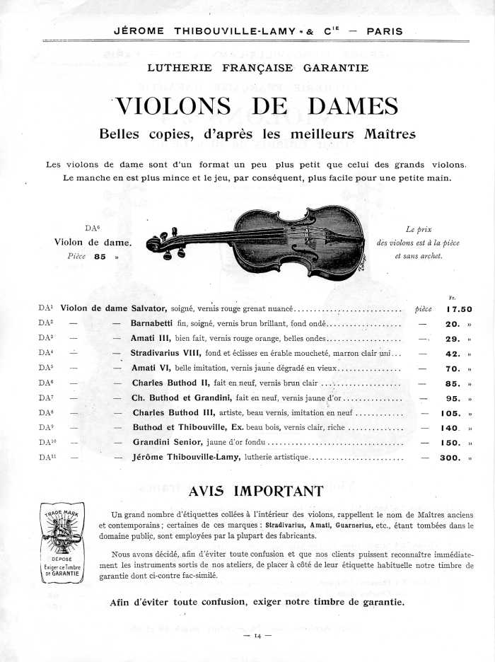 Catalogue 1912 de la maison de lutherie Jrme Thibouville-Lamy  Mirecourt.