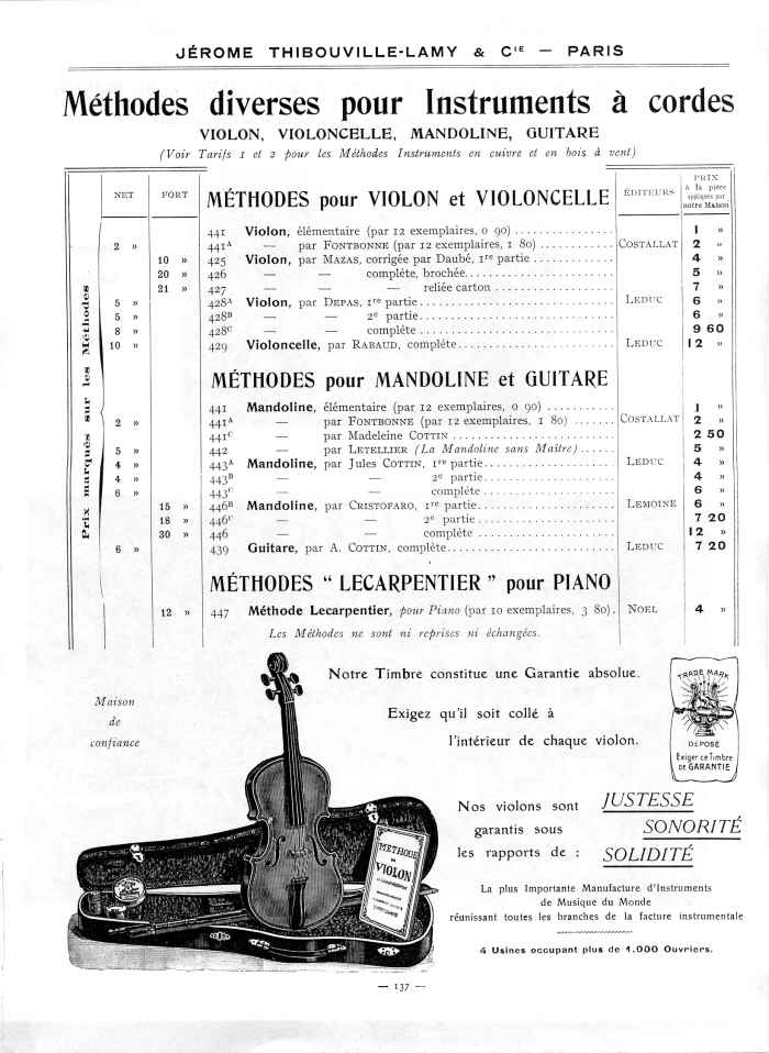 Catalogue 1912 de la maison de lutherie Jrme Thibouville-Lamy  Mirecourt.