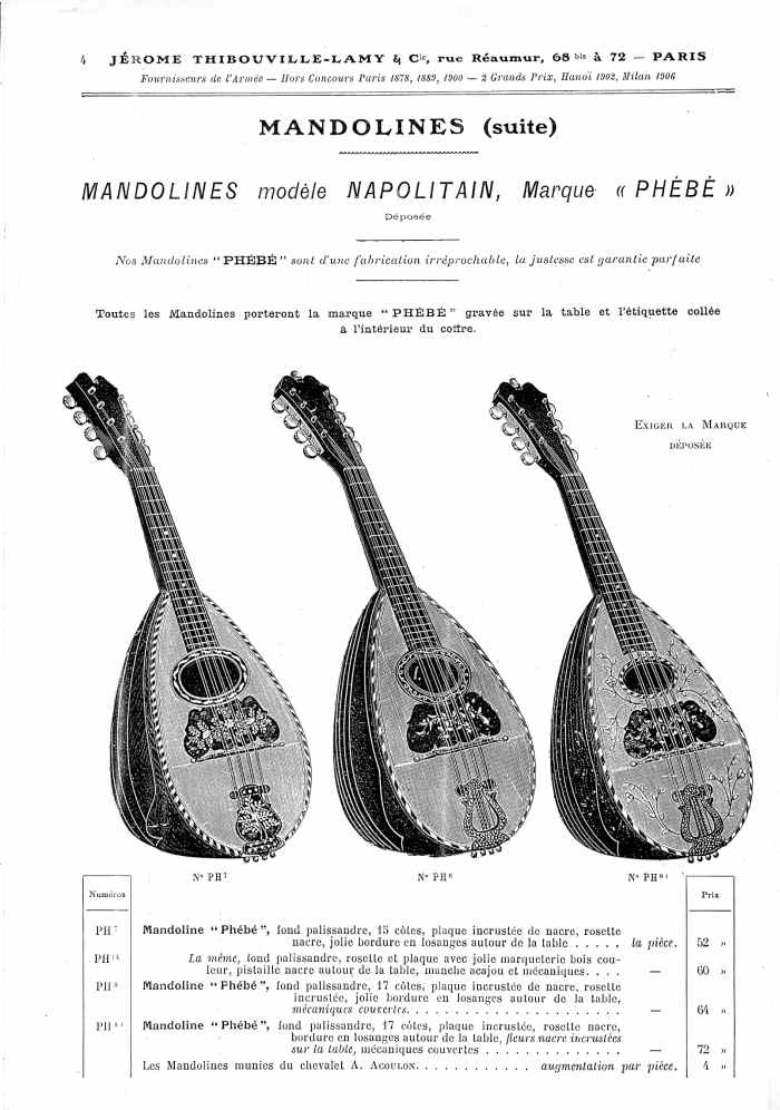 Catalogue 1907 de la maison de lutherie Jrme Thibouville-Lamy  Mirecourt, concernat les mandolines.