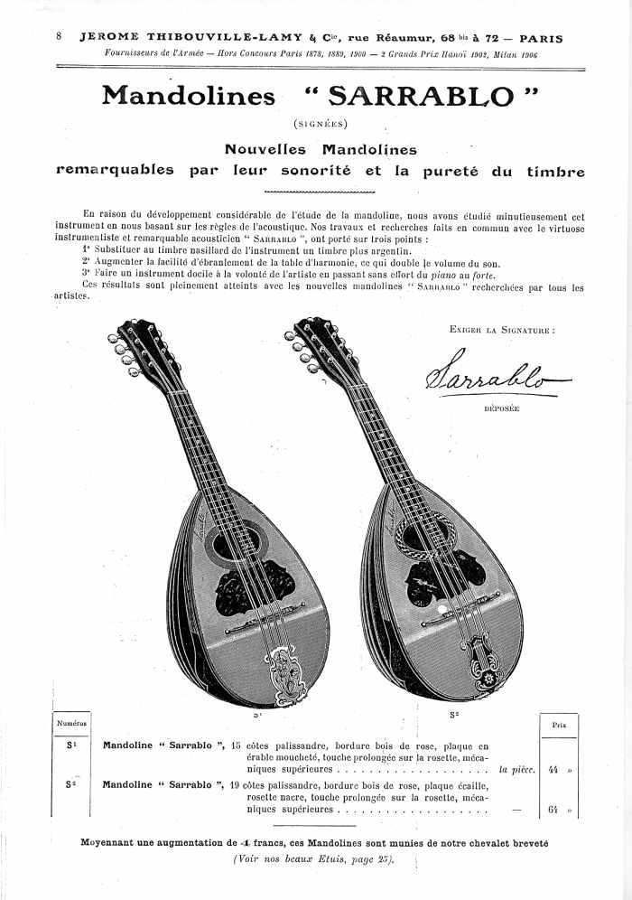 Catalogue 1907 de la maison de lutherie Jrme Thibouville-Lamy  Mirecourt, concernat les mandolines.