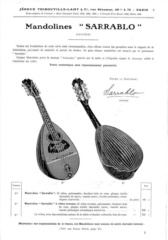 Catalogue 1907 de la maison de lutherie Jrme Thibouville-Lamy  Mirecourt, concernat les mandolines.