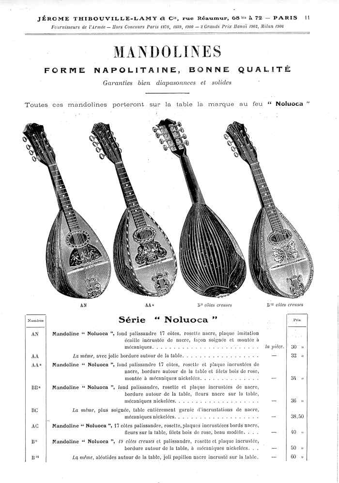 Catalogue 1907 de la maison de lutherie Jérôme Thibouville-Lamy à Mirecourt, concernat les mandolines.