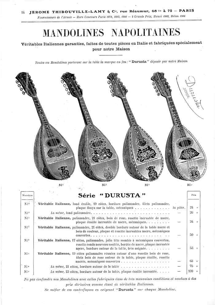 Catalogue 1907 de la maison de lutherie Jrme Thibouville-Lamy  Mirecourt, concernat les mandolines.