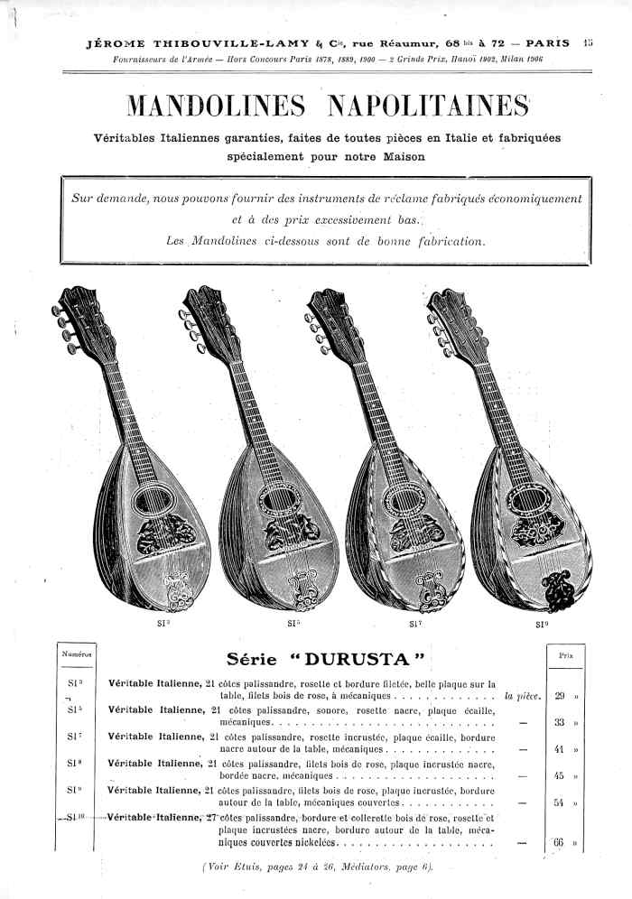 Catalogue 1907 de la maison de lutherie Jrme Thibouville-Lamy  Mirecourt, concernat les mandolines.