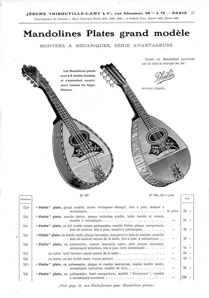 Catalogue 1907 de la maison de lutherie Jrme Thibouville-Lamy  Mirecourt, concernat les mandolines.