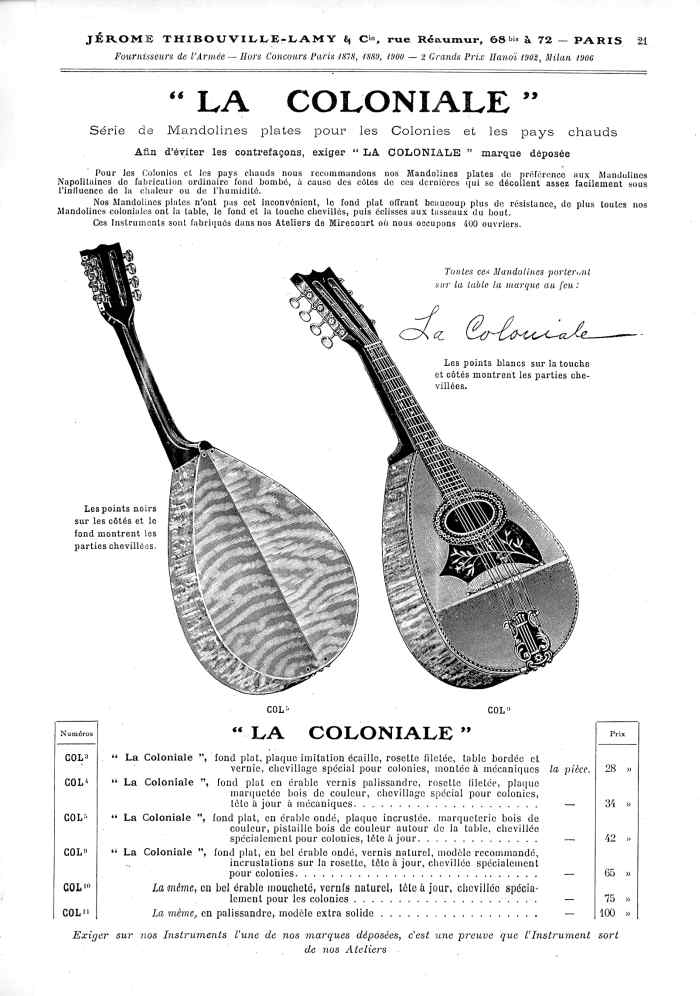 Catalogue 1907 de la maison de lutherie Jrme Thibouville-Lamy  Mirecourt, concernat les mandolines.