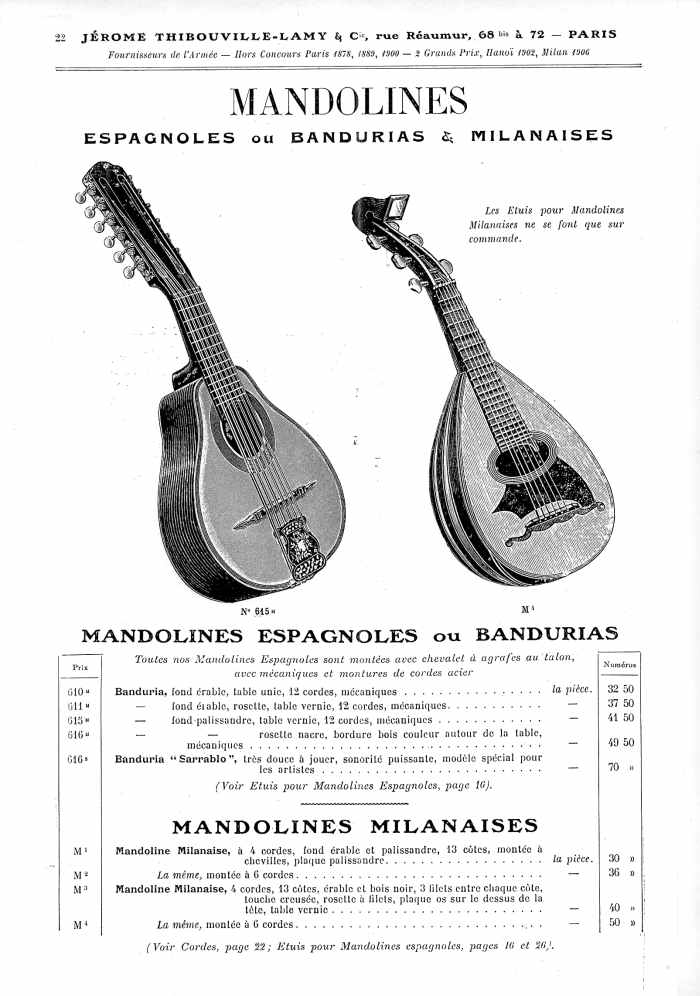 Catalogue 1907 de la maison de lutherie Jrme Thibouville-Lamy  Mirecourt, concernat les mandolines.